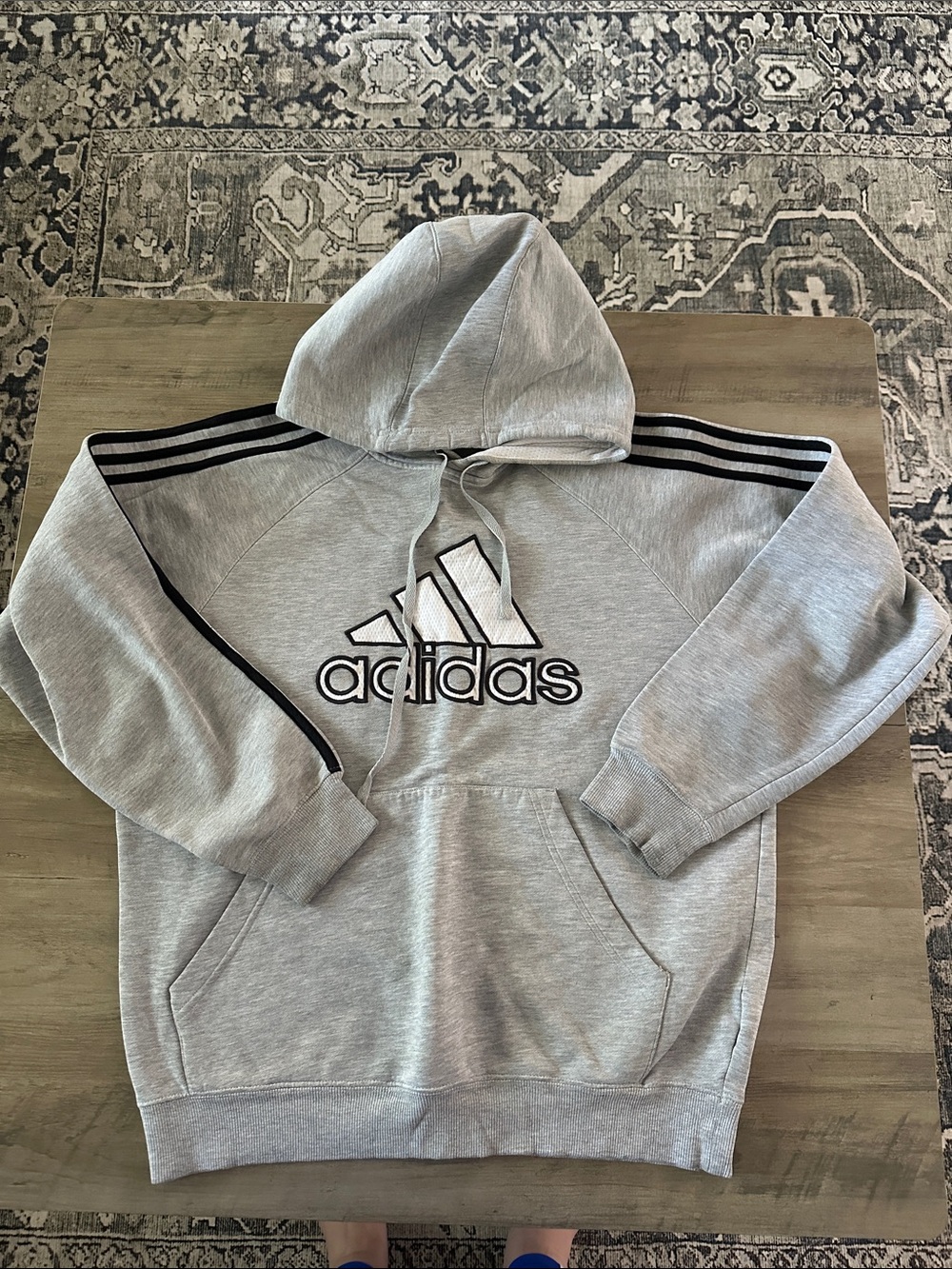 adidas Light Gray Hoodie with Black Logo and Stripes